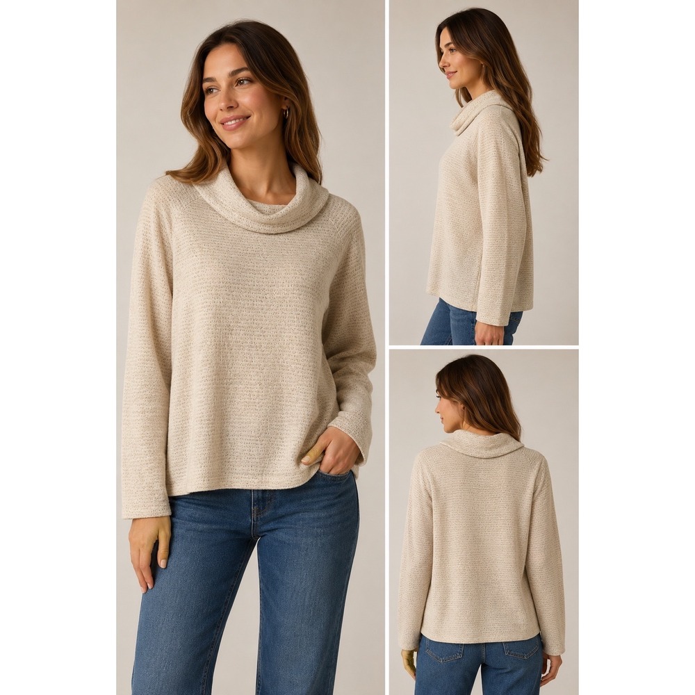 Lane Bryant Women 14/16 Cream Tan Textured Cowl Neck Tunic Sweater Long Sleeve
